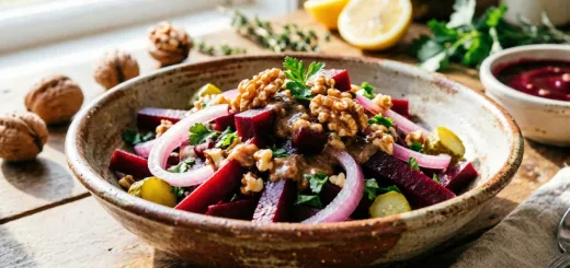 Смешиваем свеклу с орехами, чесноком и соленым огурцом — получается яркий и пряный грузинский салат