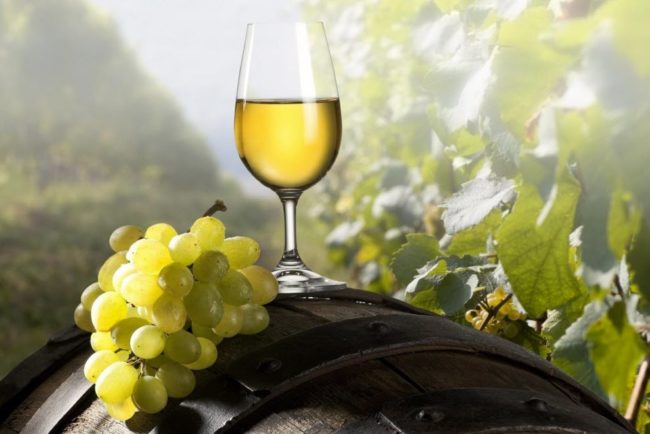 Гроздь спелого винограда сорта Макси Белый на бочке и стеклянный фужер