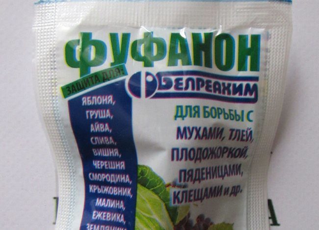 Пакет с препаратом Фуфанон для уничтожения тли и плодожорки на сливе